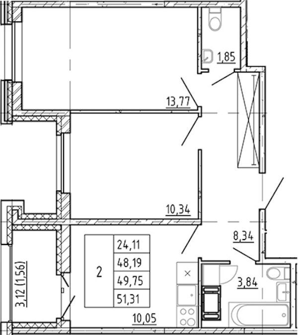 2-комнатная квартира 48.19 м², 11/12 эт., ЖК «Полис Новоселье»